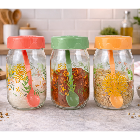 Set de 3 Tarros de vidrio con cuchara 370 ML