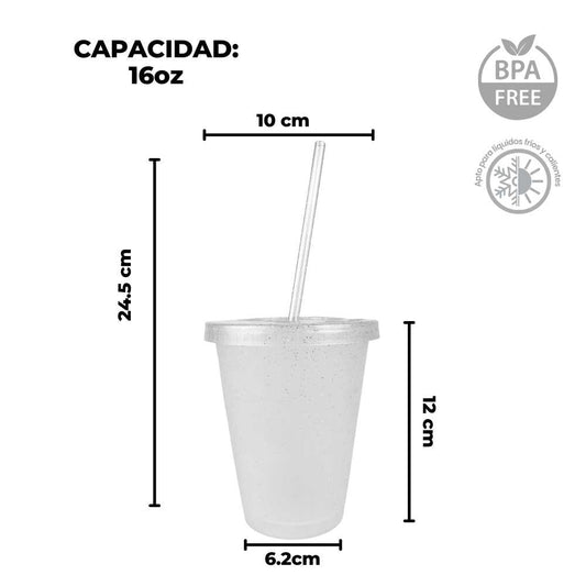 Vaso glitter con tapa y popote 16 Oz