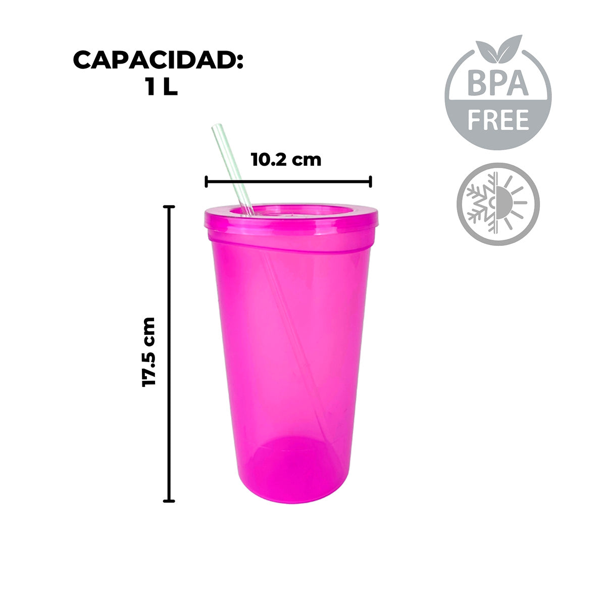 Vaso de plástico con popote 1 Litro