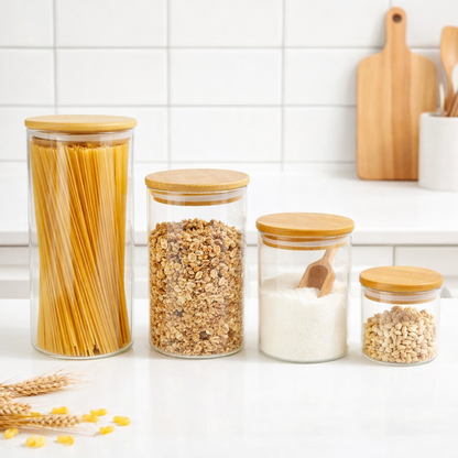 Set de 4 contenedores de vidrio con tapa de madera