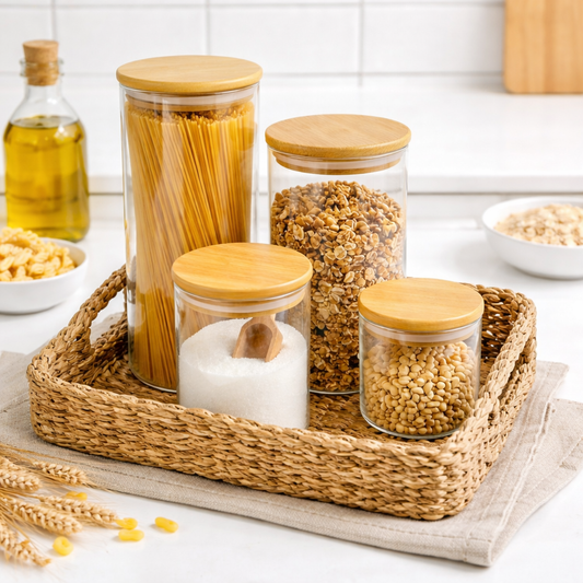 Set de 4 contenedores de vidrio con tapa de madera