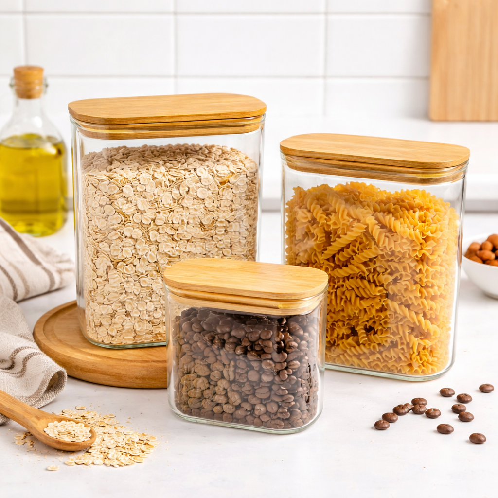 Set de 3 contenedores de vidrio con tapa de madera