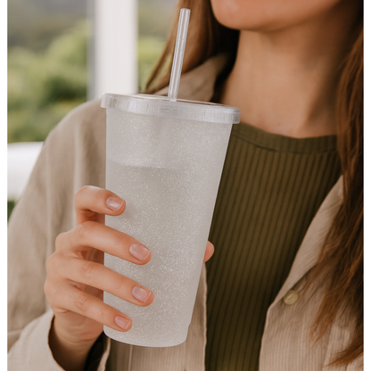 Vaso glitter con tapa y popote 26 Oz