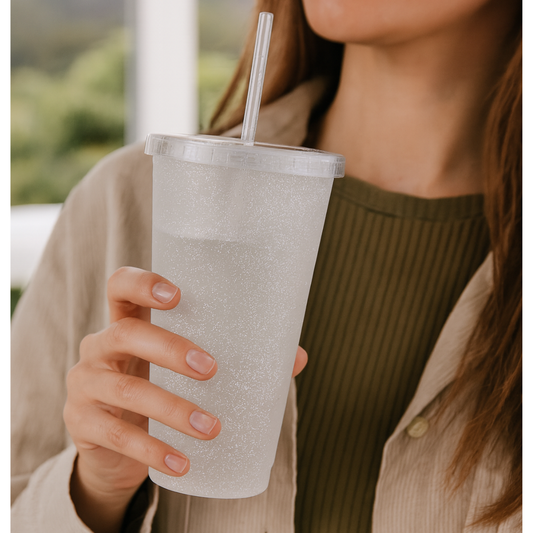 Vaso glitter con tapa y popote 26 Oz