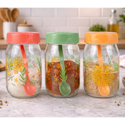 Set de 3 Tarros de vidrio con cuchara 370 ML