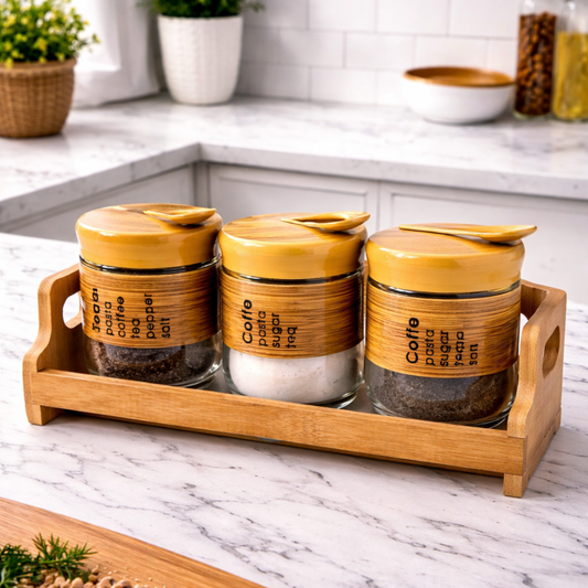 Set de 3 tarros de azúcar, café y té con bandeja