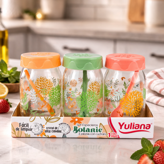 Set de 3 Tarros de vidrio con cuchara 370 ML
