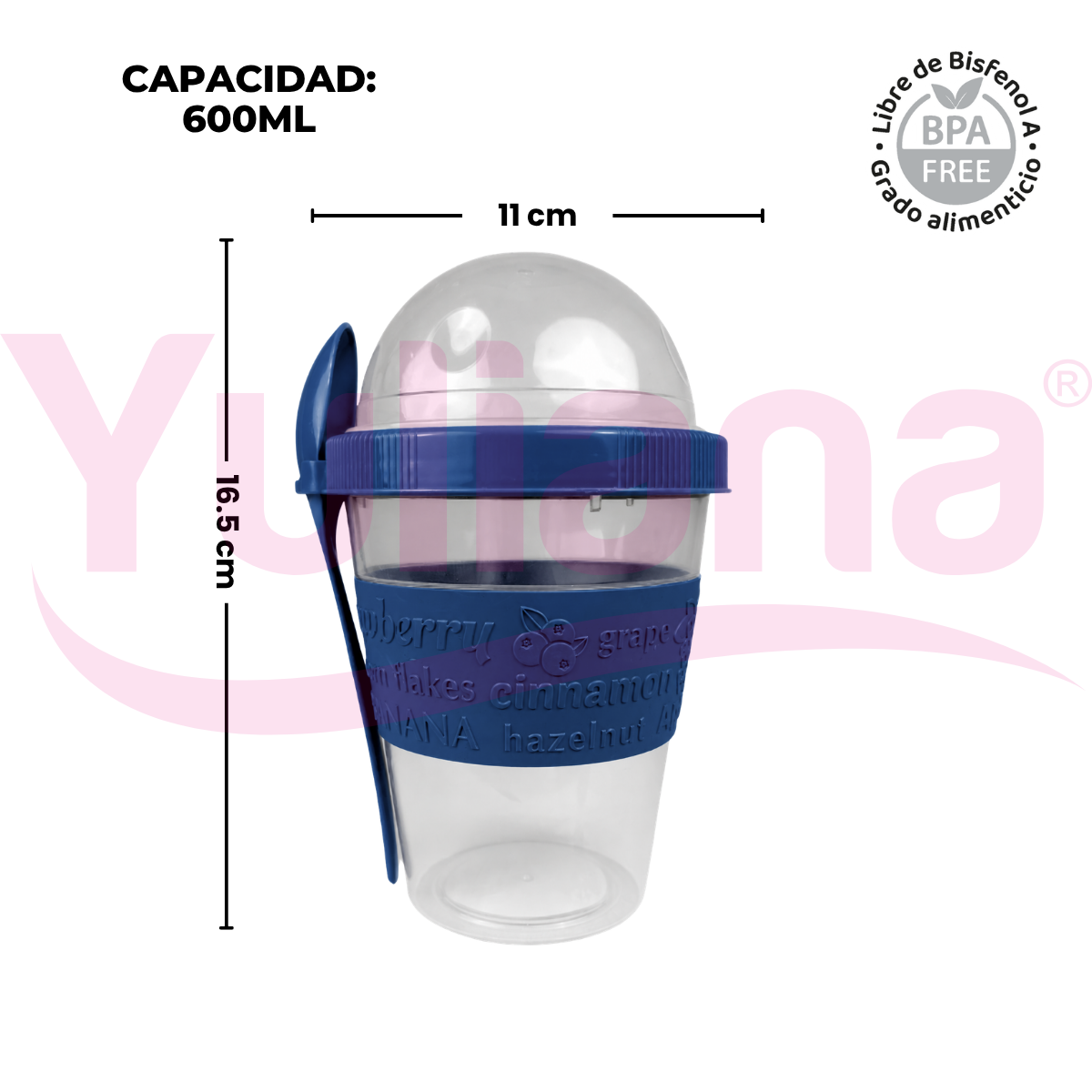 Vaso recipiente para yogurt y cereal con cuchara 600 ML