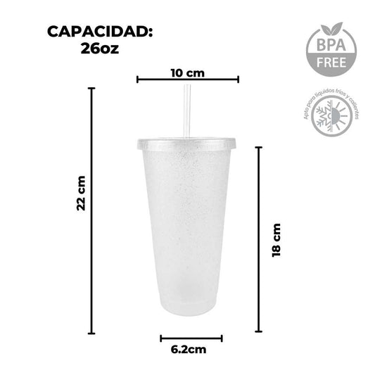Vaso glitter con tapa y popote 26 Oz