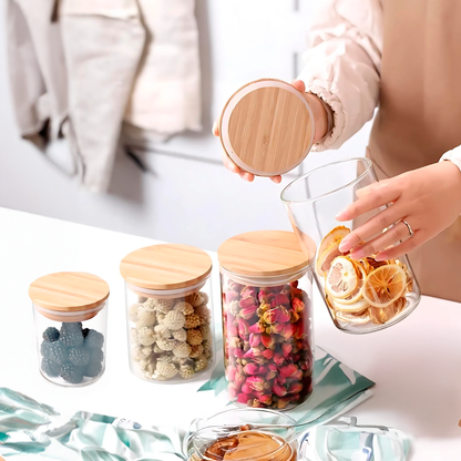 Set de 4 contenedores de vidrio con tapa de madera