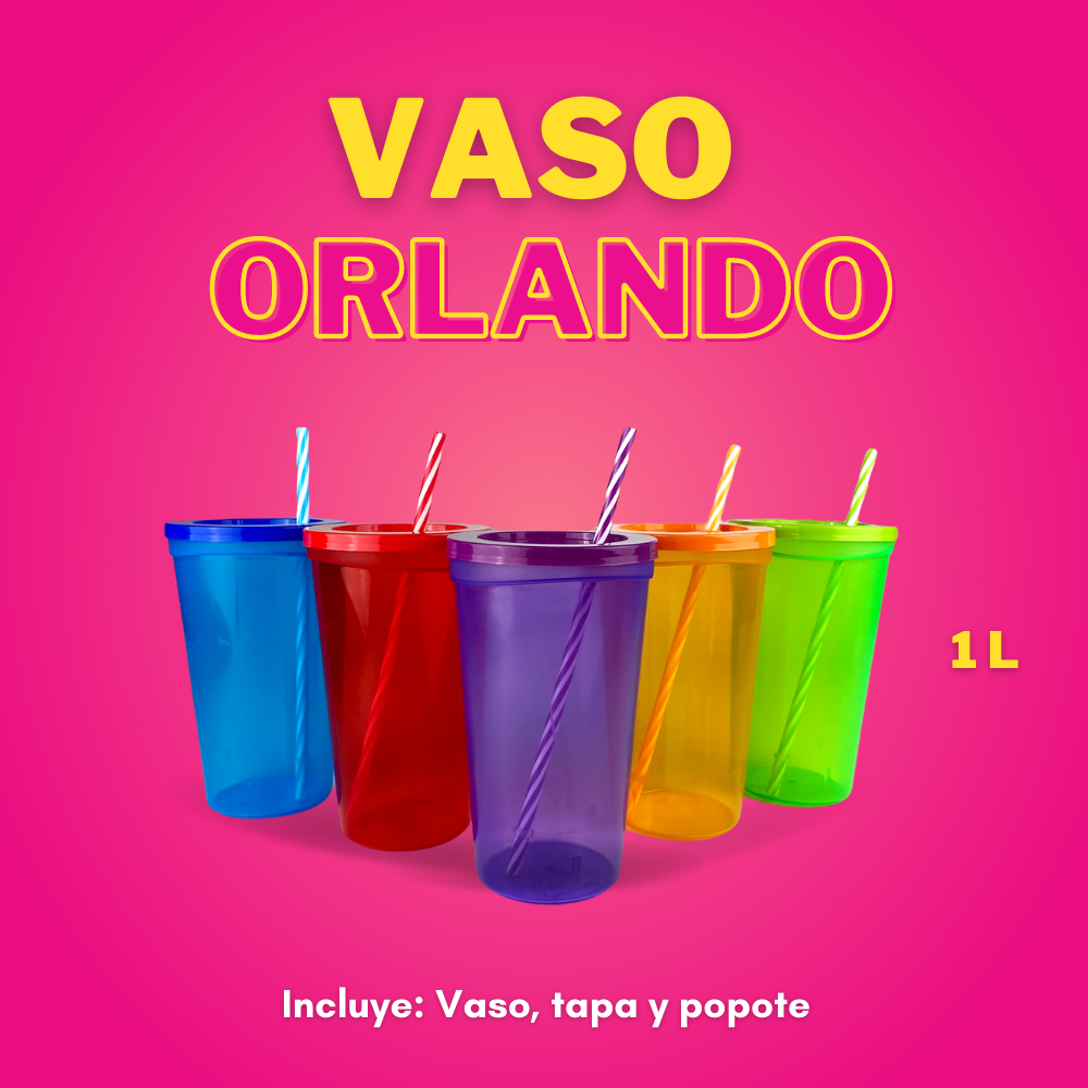 Vaso Orlando Colors 1L con tapa y popote